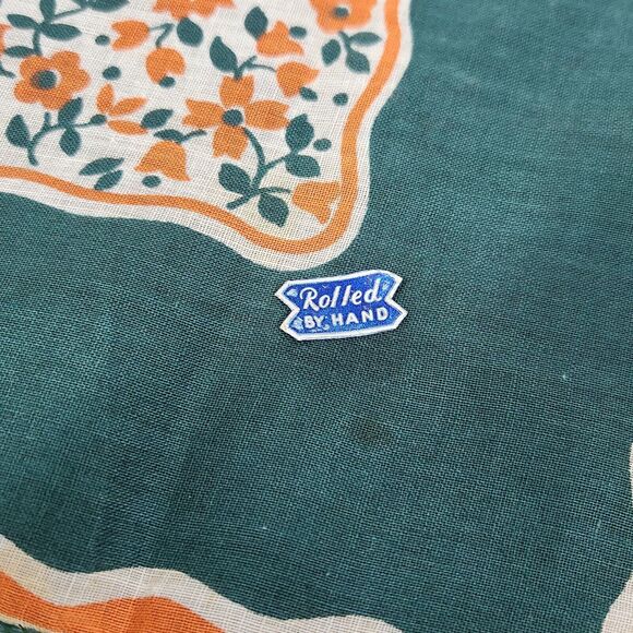 VTG HANKIE GREEN ORANGE BOLD PRINT FLORAL HAND ROLLED EDGE RETRO FUNKY BRIGHT - Picture 2 of 5